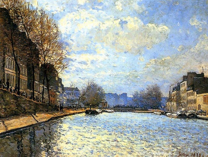 Peinture impressionniste : le canal Saint-Martin sous un ciel nuageux, quais et péniches