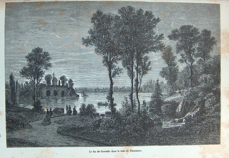 Gravure ancienne : un lac entouré de grands arbres, un rocher et des promeneurs au bord de l'eau