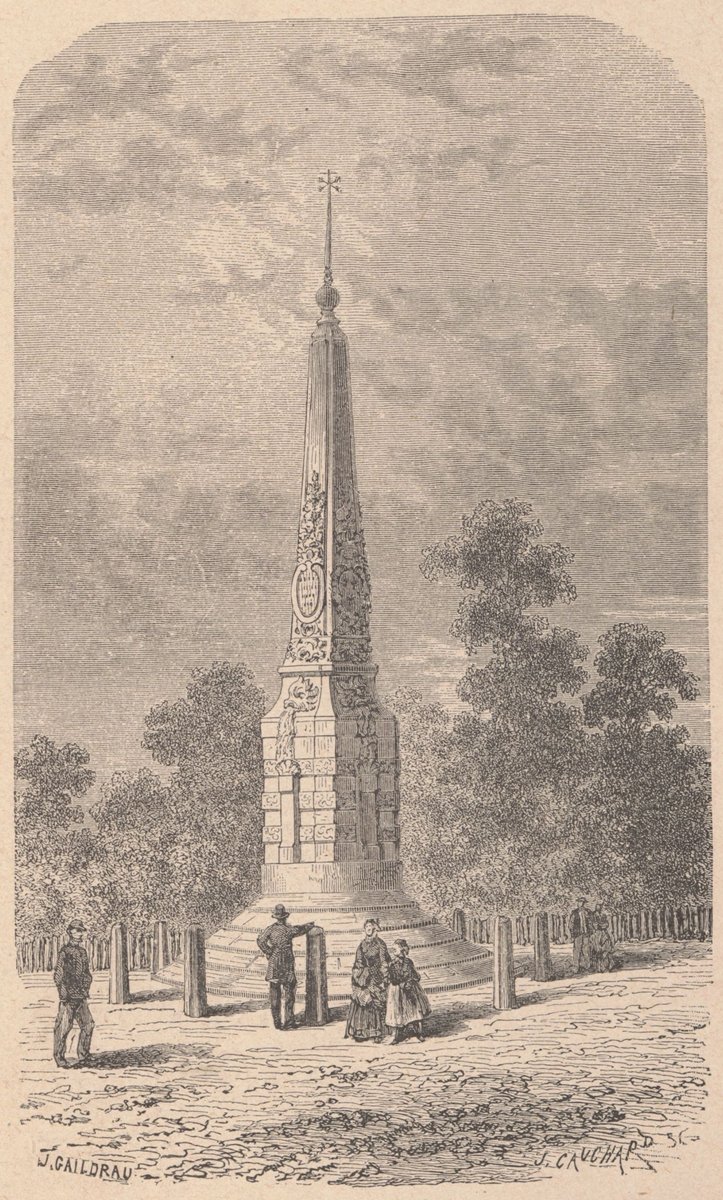 Gravure ancienne : un obélisque élancé dans une clairière du bois, avec des promeneurs à son pied